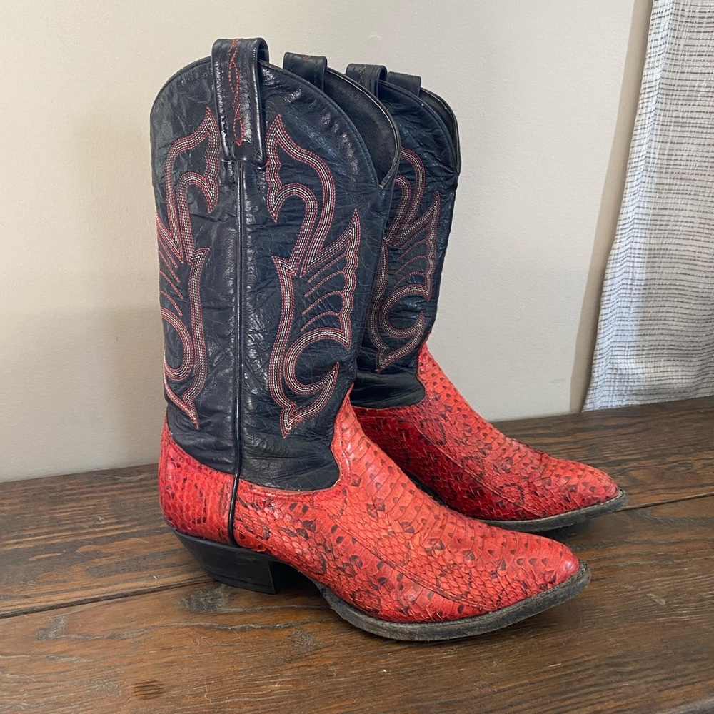 Tony Lama red and black snakeskin boots